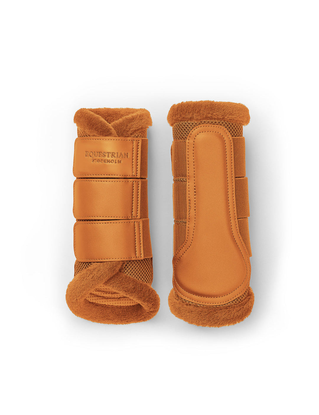Side-by-side side views of the Chestnut Equestrian Stockholm Fur Mesh Brushing Boots on a white background