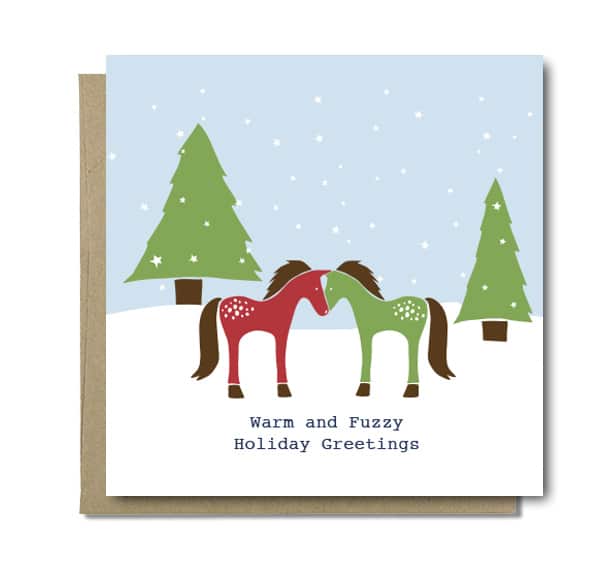 View of a card from the Snow Ponies Mare Modern Goods Holiday Card Pack on a white background