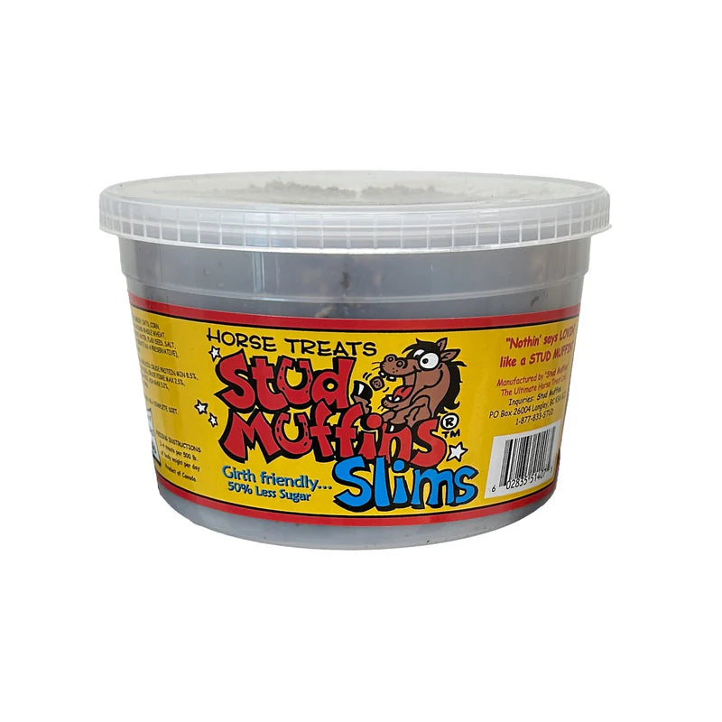 Front view of a 20 oz tub of Stud Muffins Slims Horse Treats on a white background