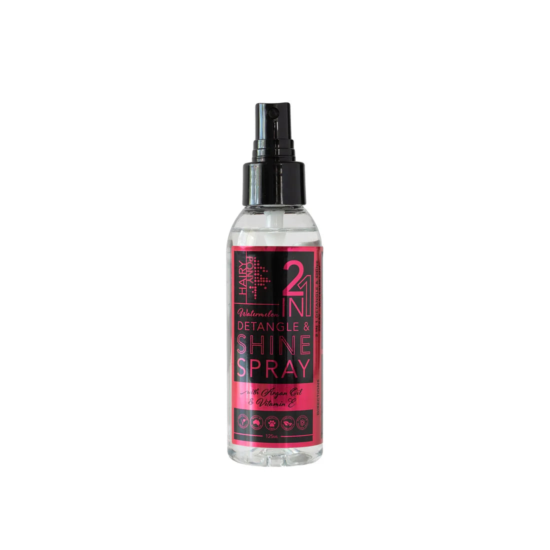 Front view of a 125ml spray bottle of Hairy Pony Detangle & Shine Spray