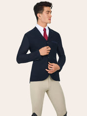 Angled front view of a male model wearing the Navy RJ Classics Hudson Men's Mesh Coat on a plain background