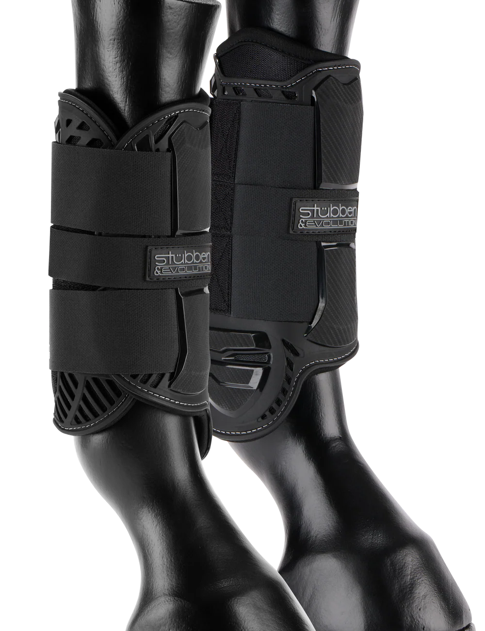 Side view of a black pair of Stubben Hybrid Cross County Front Boots on horse leg models on a white background