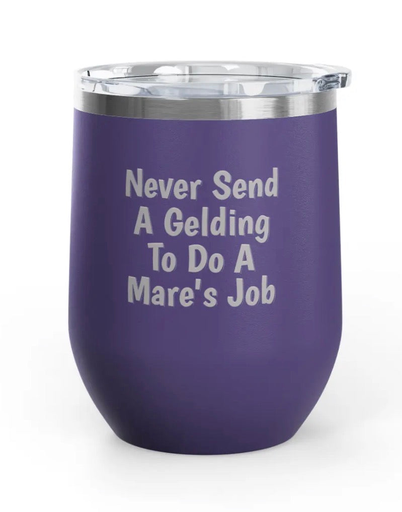 Front view of the Purple Gelding/Mare Unsustainable Equestrian Wine Tumblers on a plain background