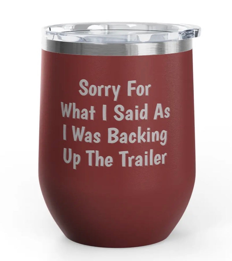 Front view of the Red Backing Up The Trailer Unsustainable Equestrian Wine Tumblers on a plain background