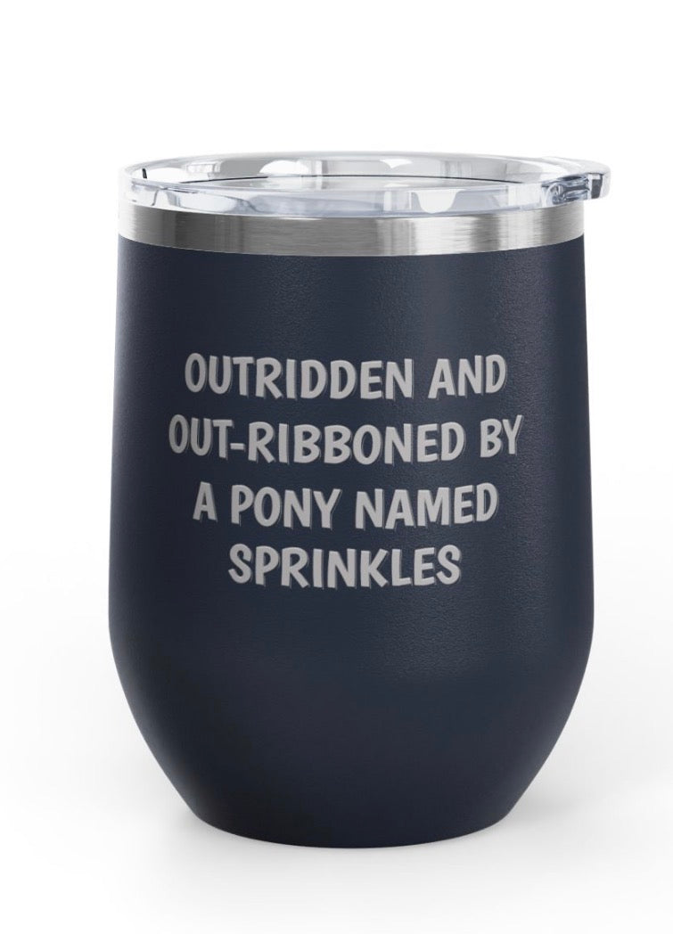 Front view of the Navy Outriddern/Out-Ribboned Unsustainable Equestrian Wine Tumblers on a plain background
