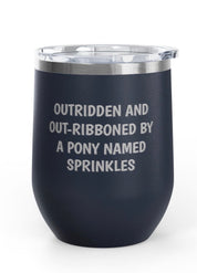 Front view of the Navy Outriddern/Out-Ribboned Unsustainable Equestrian Wine Tumblers on a plain background