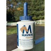 Front view of a 16 oz bottle of Mavrik Equine Hair, Coat & Scar Repair on a fence outside
