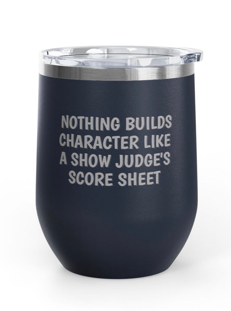 Front view of the Navy Score Sheet Unsustainable Equestrian Wine Tumblers on a plain background