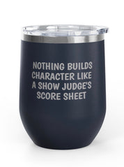 Front view of the Navy Score Sheet Unsustainable Equestrian Wine Tumblers on a plain background