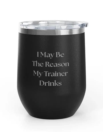 Front view of the Black Trainer Drinks Unsustainable Equestrian Wine Tumblers on a plain background