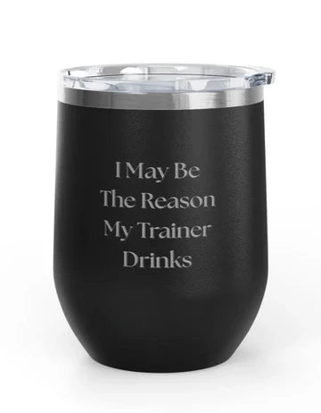 Front view of the Black Trainer Drinks Unsustainable Equestrian Wine Tumblers on a plain background