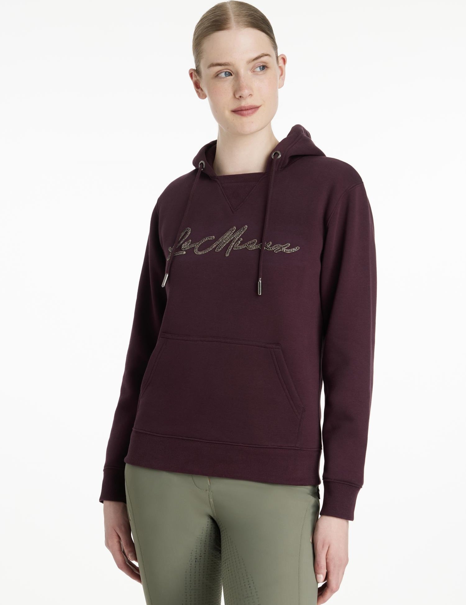 Front view of a female model wearing the Damson LeMieux Elspeth Hoodie on a plain background