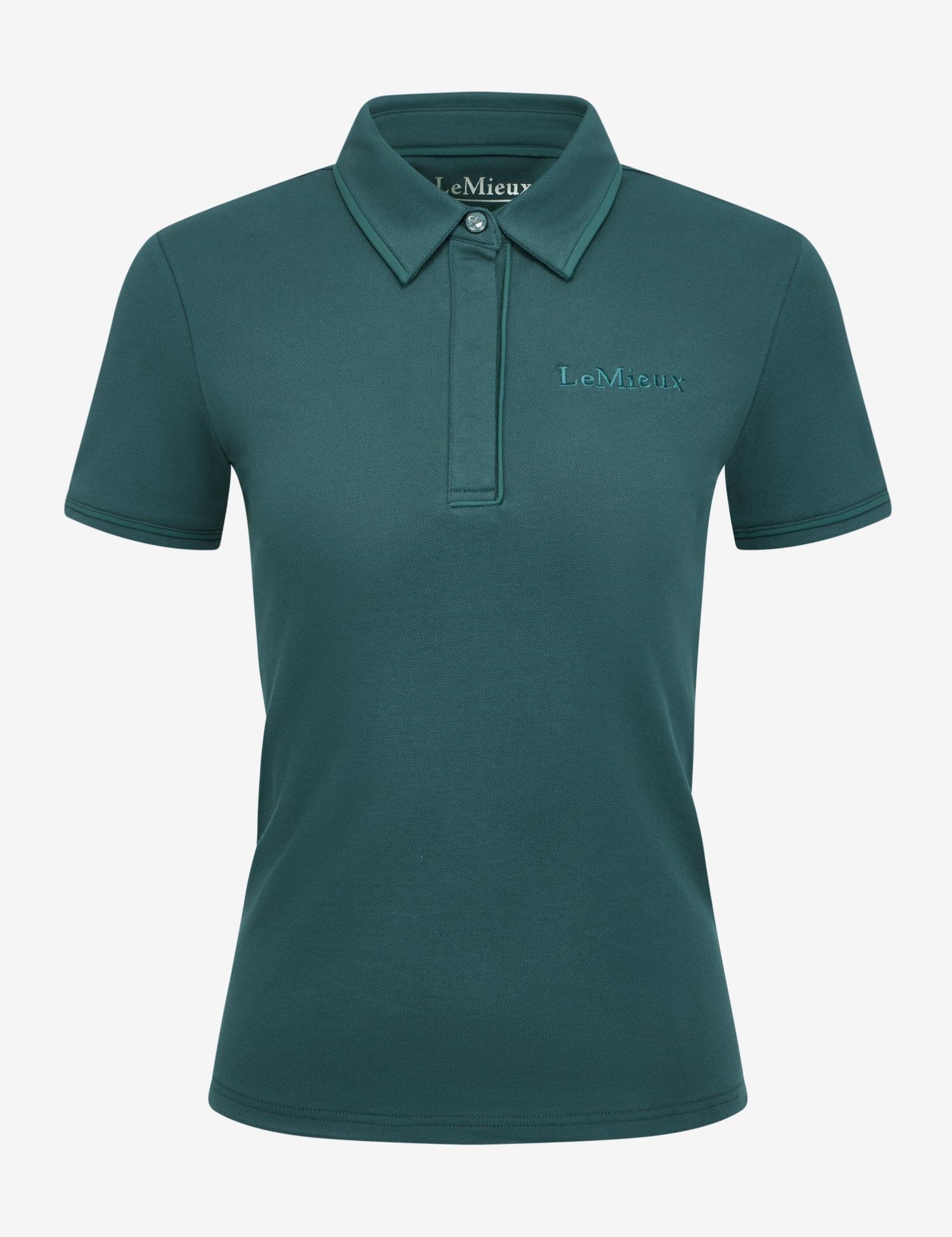 LeMieux Pixie polo shirt in jungle green with short sleeves, pointed collar, partial button placket, and embroidered LeMieux logo on the chest, shown on a white background.
