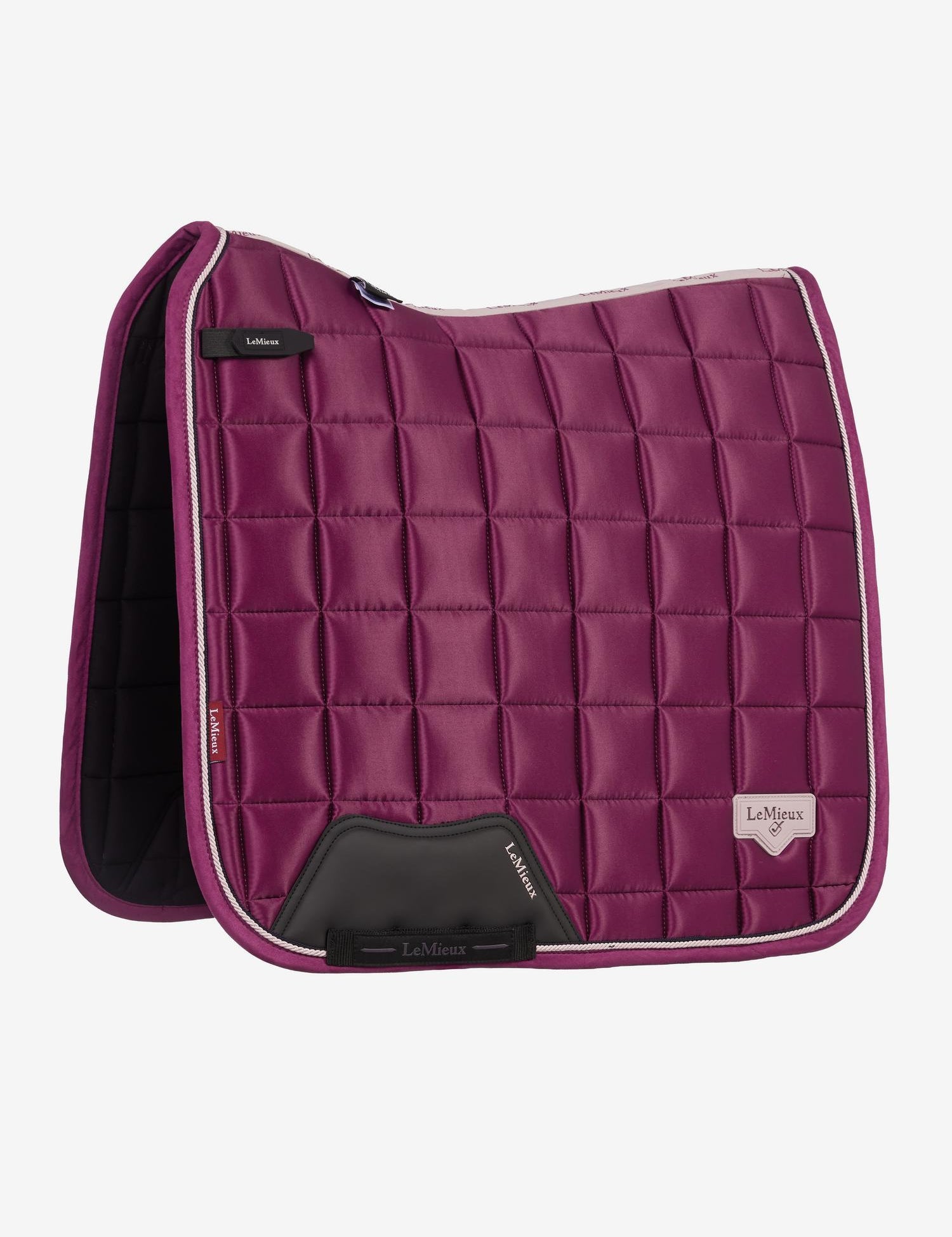 Side view of the Blackberry LeMieux Loire Satin Classic Dressage Square Pad on a white background