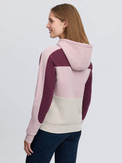 Back view of a female model wearing the Wild Rose LeMieux Kadie Color Block Hoodie on a plain background