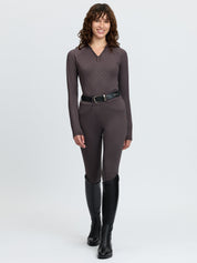 Full body front view of a female model wearing the Cocoa and coordinating breeches on a plain background