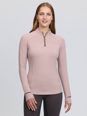 Front view of a female model wearing the Wild Rose LeMieux Heritage Herringbone Base Layer on a plain background