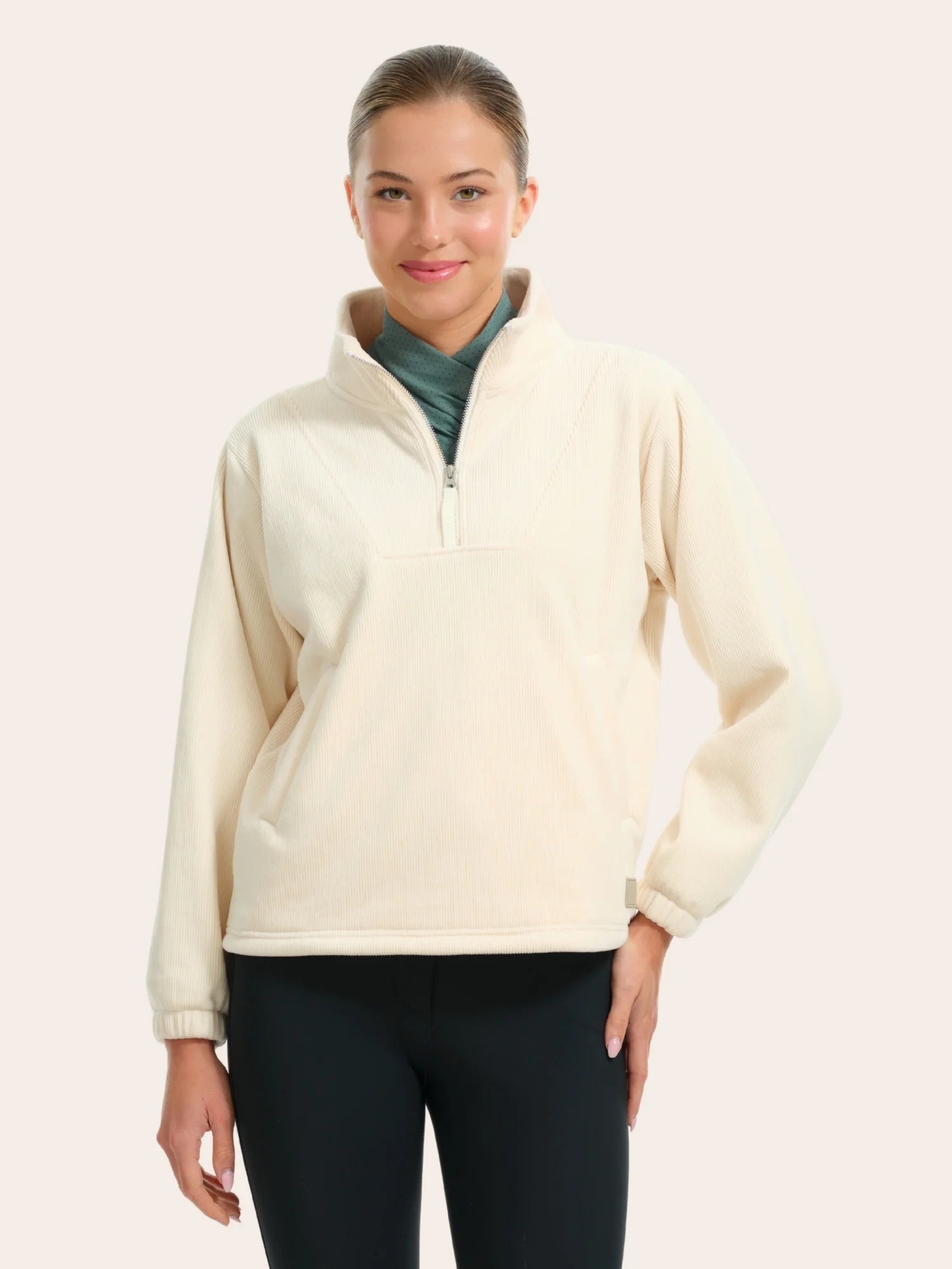 Front view of a female model wearing the Vanilla RJ Classics Mia 1/4 Zip Pullover on a plain background