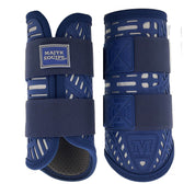 Side-by-side front and back views of the navy and silver tendon boots from the Majyk Equipe XC Elite 4 Pack on a white background