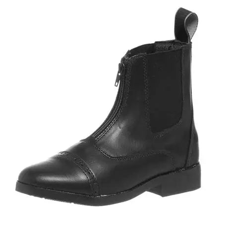 Angled side view of the black EquiStar Kids All Weather Zip Paddock Boot on a white background