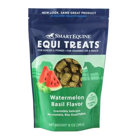 Front view of a 12 oz bag of Watermelon Basil Smart Equine Equitreat Pellets on a white background