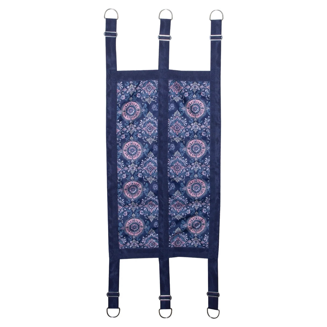 Blue fabric stall guard with paisley print and metal rings shown on plain white background
