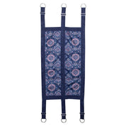 Blue fabric stall guard with paisley print and metal rings shown on plain white background