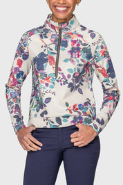 Front view of a model wearing the Kastel Amethyst Watercolor Floral Scuba 1/2 Zip Pullover on a plain background