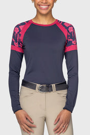 Front view of a model wearing the Kastel Navy & Hot Pink French Tulips Long Sleeve Crewneck Sun Shirt on a plain background