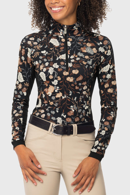 Front view of a model wearing the Kastel Neutral Modern Begonia 1/4 Zip Long Sleeve Sun Shirt on a plain background