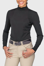Front view of a model wearing the Kastel Black Perforated Long Sleeve Mock Neck Performance Shirt on a plain background