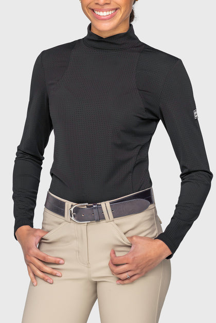 Front view of a model wearing the Kastel Black Perforated Long Sleeve Mock Neck Performance Shirt on a plain background