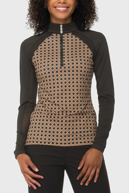 Front view of a female model wearing the Kastel Camel Basketweave 1/4 Zip Long Sleeve Power Mesh Raglan Sun Shirt on a plain background