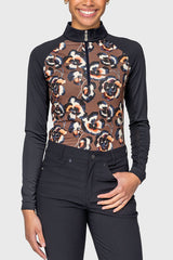 Kastel Chocolate Brown Pansies 1/4 Zip Raglan Long Sleeve Sun Shirt