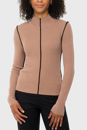 Front view of a model wearing the Kastel Chocolate Brown Mock Neck Ribbed Sweater on a plain background