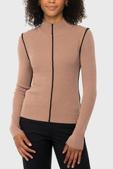 Kastel Chocolate Brown Mock Neck Ribbed Sweater