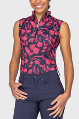 Kastel Hot Pink French Tulips Ruched Back Sleeveless 1/4 Zip Sun Shirt