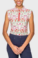 Kastel Red Scandinavian Berries 1/4 Zip Ruffle Tank