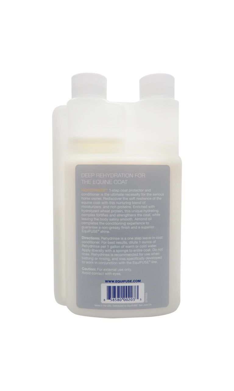 Back view of a 16 oz container of Equifuse Rehydrinse 1-Step Coat Protector + Conditioner on a white background