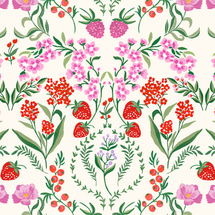 Close-up view of the pattern on the Red Scandinavian Berries Kastel 1/4 Zip Ruffle Tank