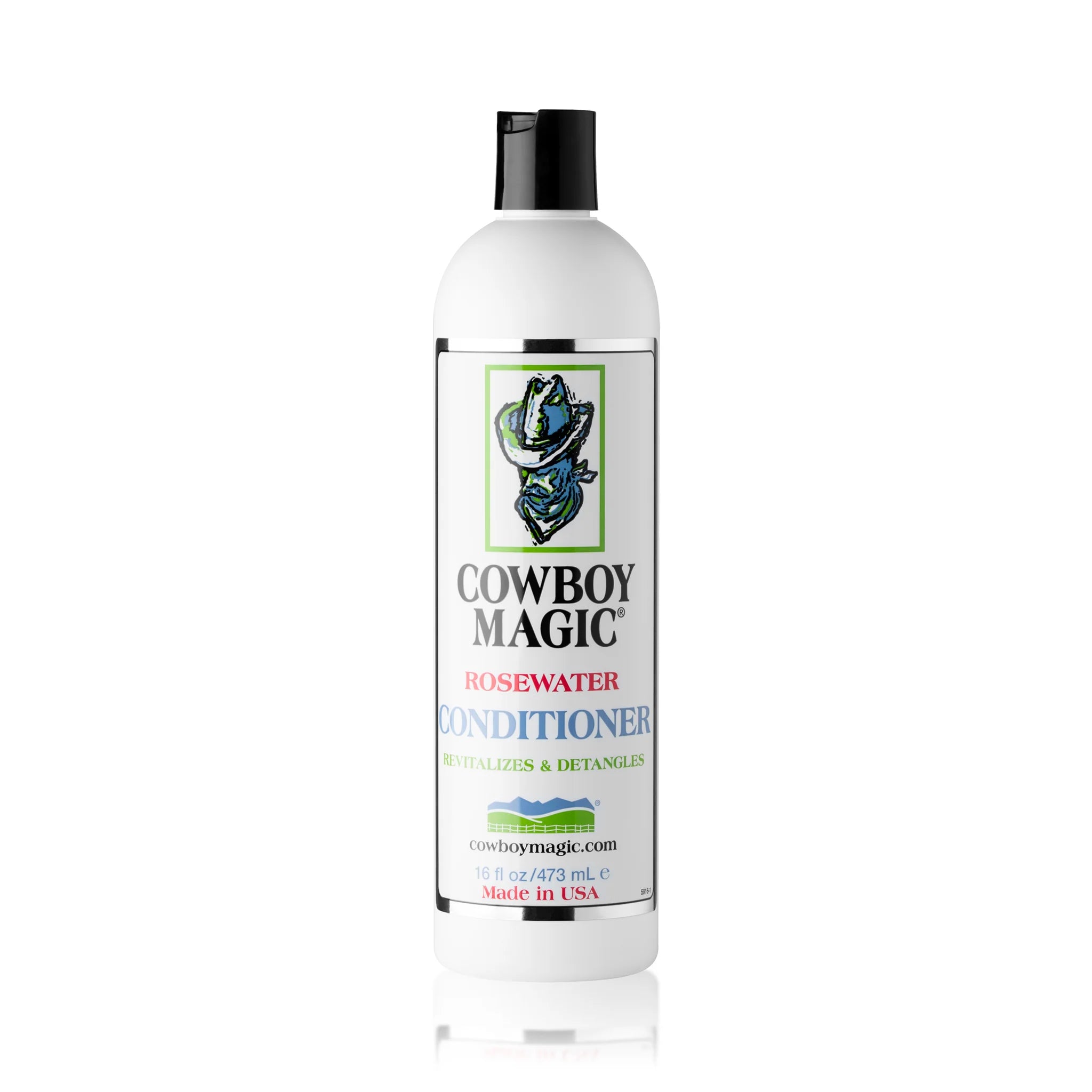 Front view of a 16 oz bottle of Cowboy Magic Rosewater Conditioner on a white background