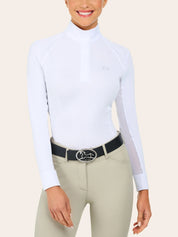 Front view of a female model wearing the white RJ Classics Sofia Long Sleeve Show Shirt on a plain background