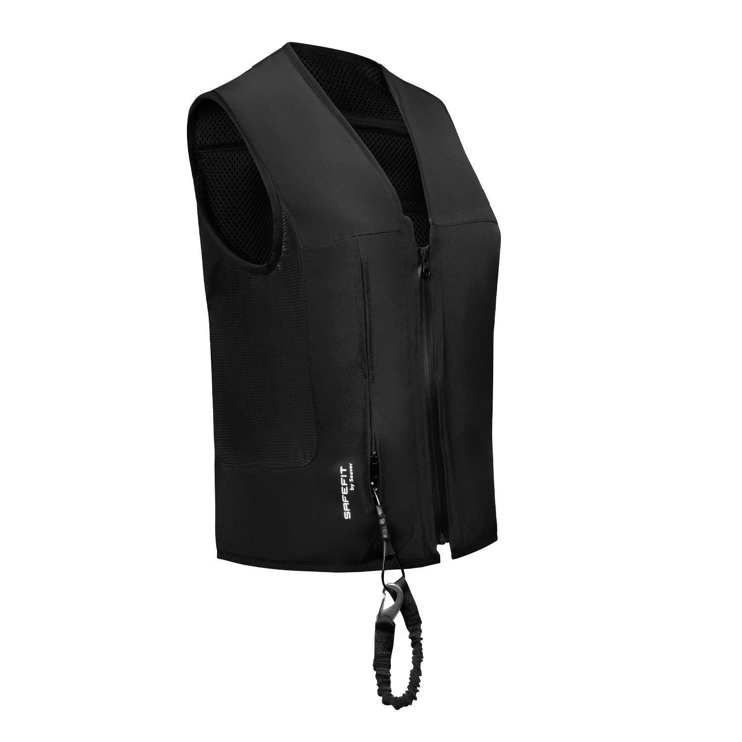 Angled front view of the Black Seaver Safefit Airbag Vest on a white background
