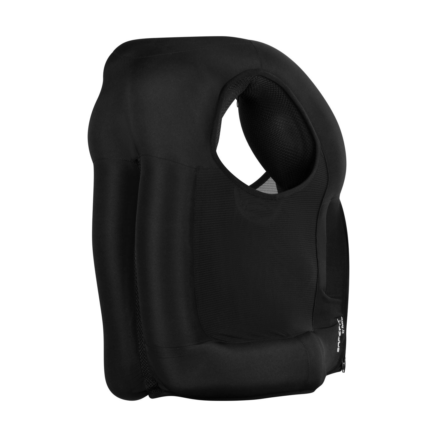 Angled back view of the Black Seaver Safefit Airbag Vest on a white background