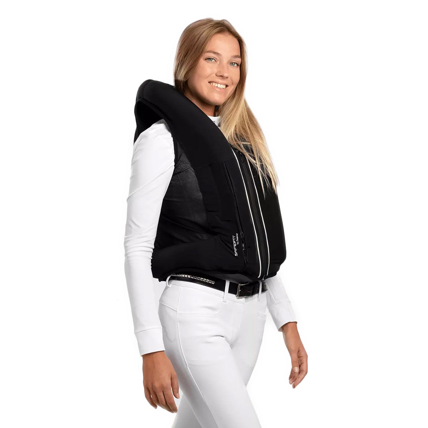 Angled front view of a female model wearing an inflated Black Seaver Safefit Airbag Vest on a plain background