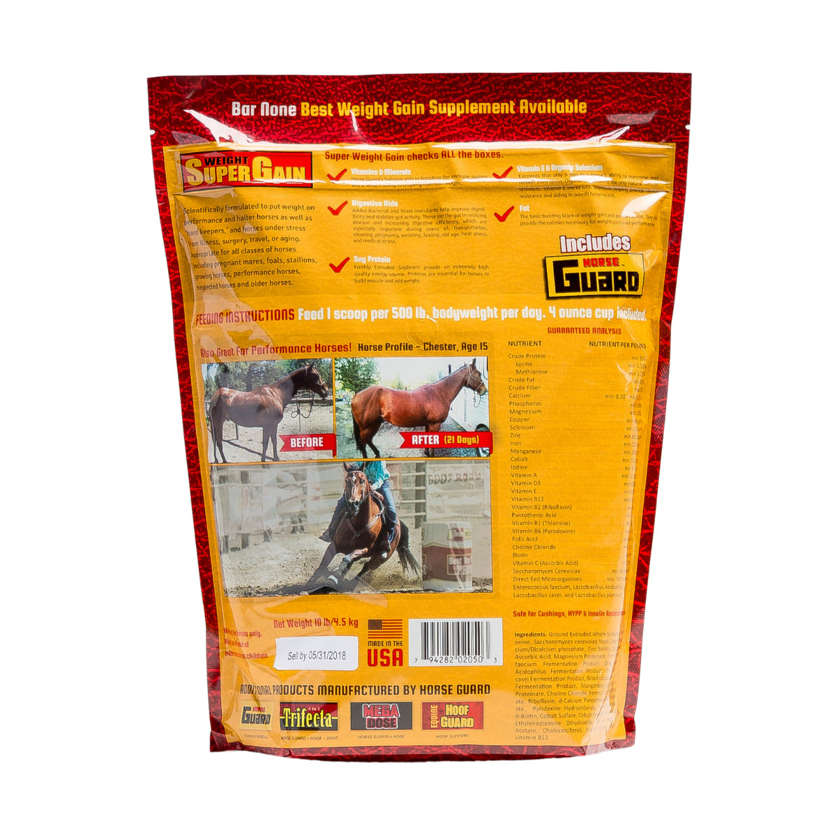 Back view of the 10 lb bag of Horse Guard Super Weight Gain on a plain background