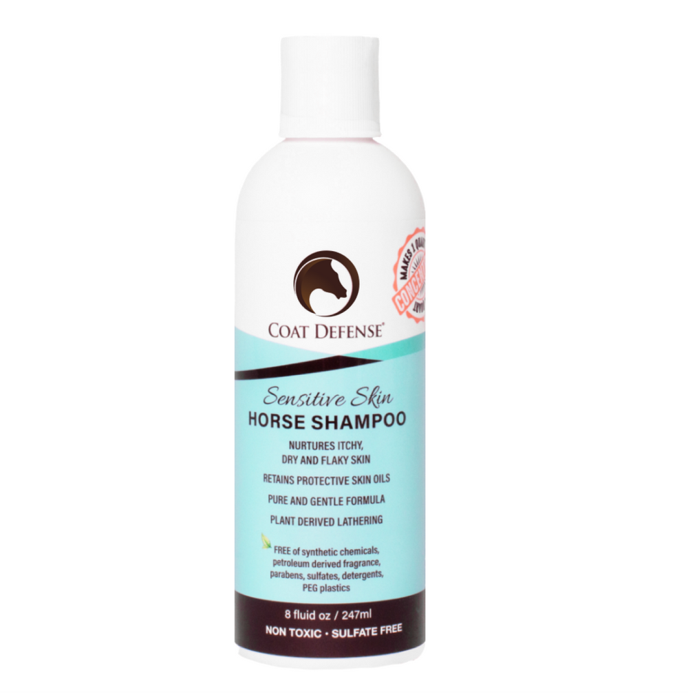 View of an 8 oz bottle of Coat Defense Sensitive Skin Horse Shampoo on a white background