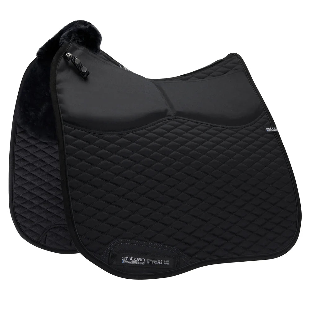 Side view of the Black Stubben Steamline Adjuster Lambswool Dressage Pad on a white background