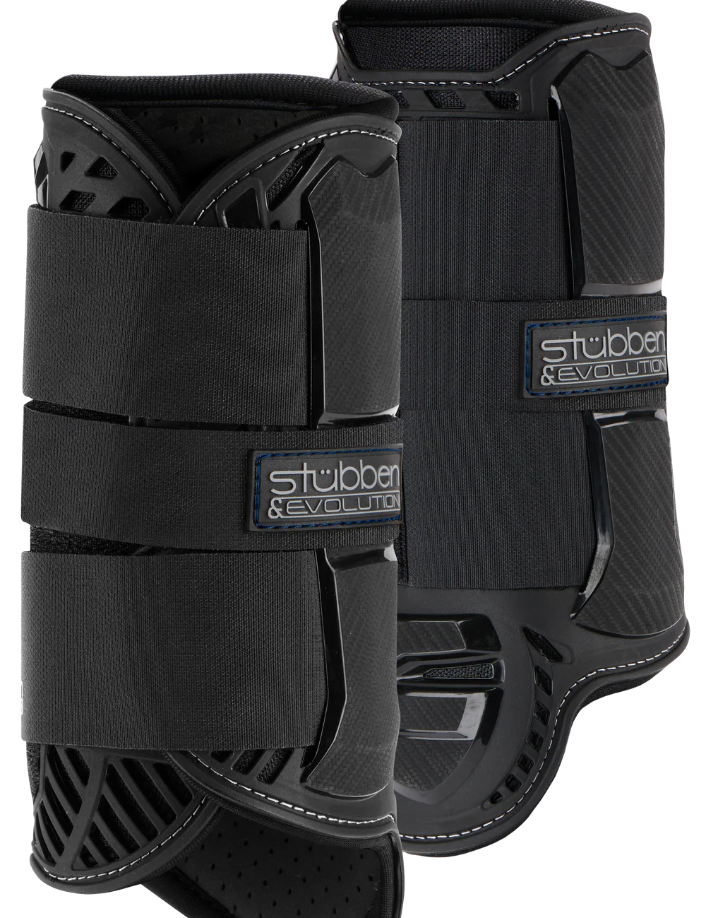Side view of a pair of black Stubben Hybrid Cross County Front Boots on a white background