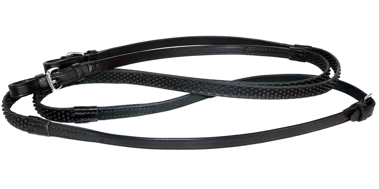 Full view of the black Nunn Finer Super Grip Soft Grip Reins on a white background